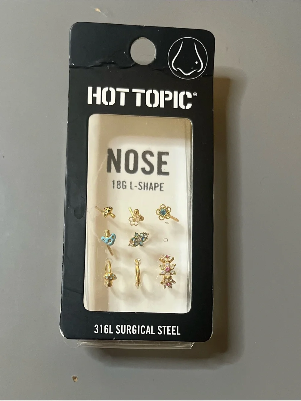 Hot Topic Nose Stud Set 9 Pack 18G L-Shape Gold Butterfly Mushroom NWT
